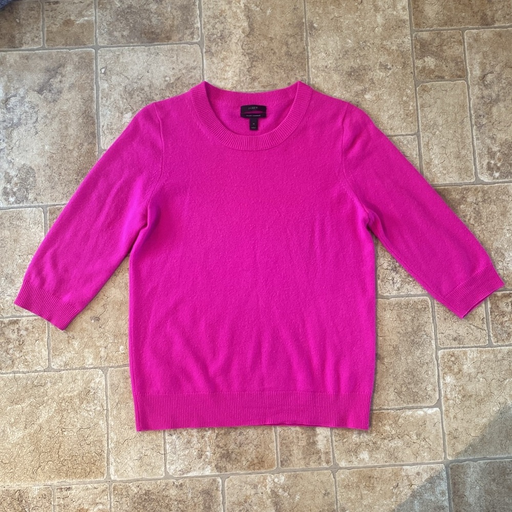J. Crew CASHMERE Sweater Hot Pink 3/4 Sleeve Crewneck - M